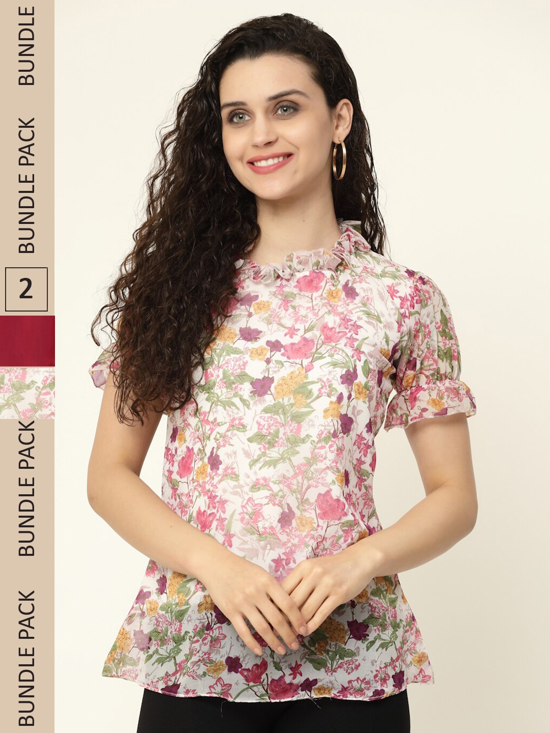 

MISS AYSE Pack Of 2 Floral Printed Round Neck Tops, Off white
