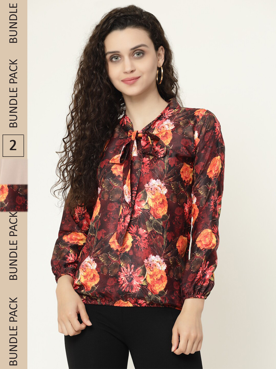 

MISS AYSE Pack Of 2 Floral Printed Tie-Up Neck Blouson Tops, Maroon