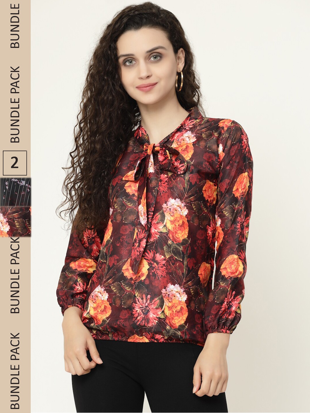 

MISS AYSE Pack Of 2 Floral Printed Tie-Up Neck Blouson Tops, Maroon
