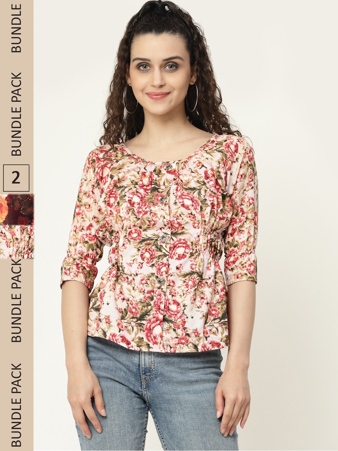 

MISS AYSE Pack Of 2 Floral Printed Round Neck Tops, Off white
