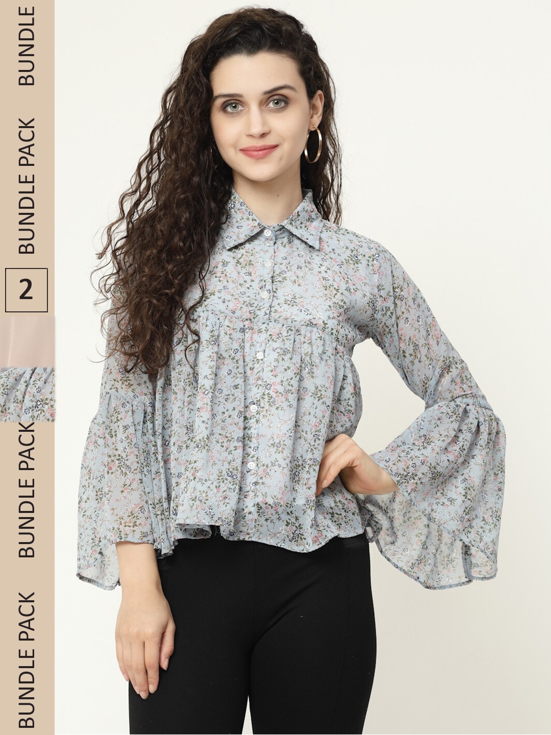 

MISS AYSE Pack Of 2 Floral Printed Georgette Shirt Style Tops, Turquoise blue