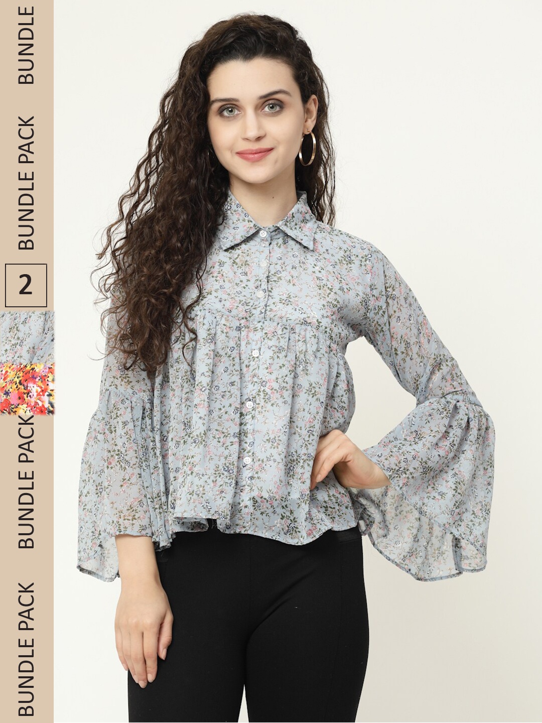 

MISS AYSE Pack Of 2 Floral Printed Shirt Style Tops, Turquoise blue