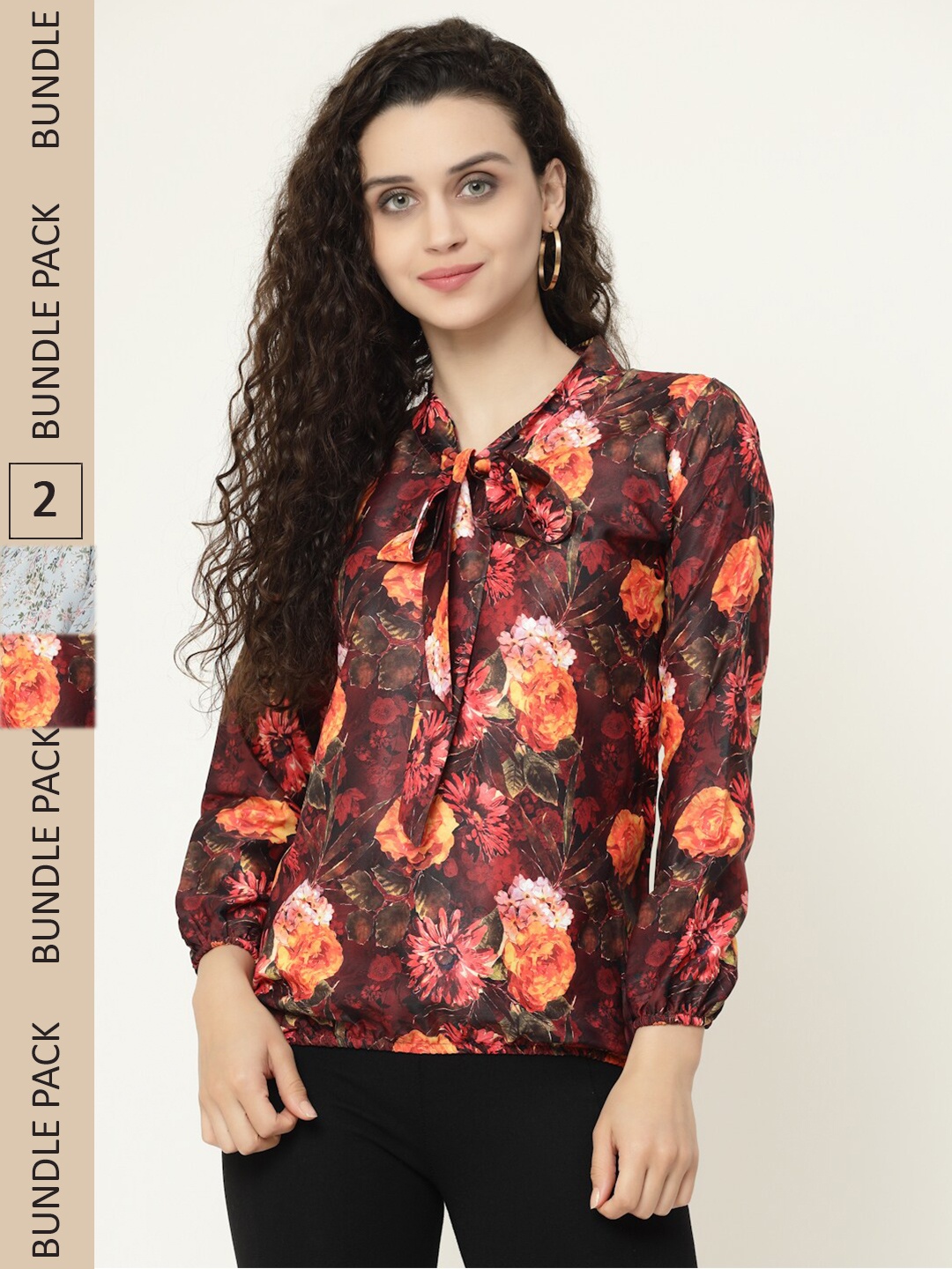 

MISS AYSE Pack Of 2 Floral Print Tie-Up Neck Georgette Blouson Top, Black