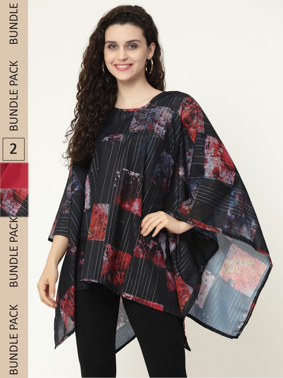 

MISS AYSE Pack Of 2 Floral Print Georgette Kaftan Longline Top, Black