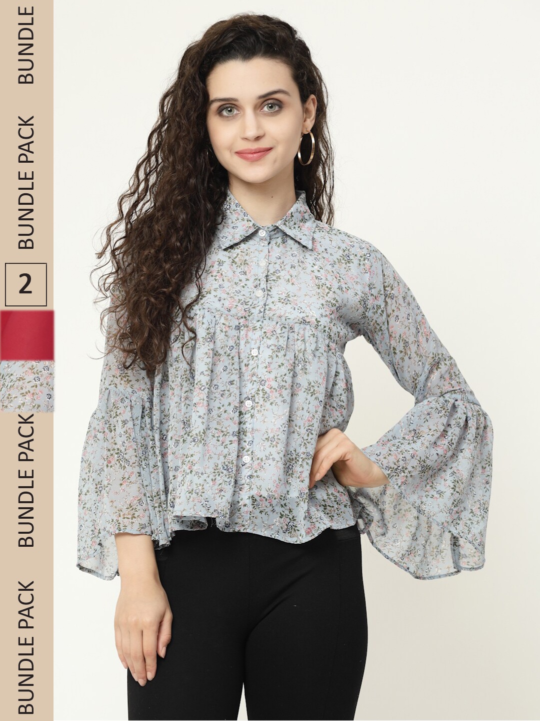 MISS AYSE Pack of 2 Floral Print Georgette Shirt Style Top, Green
