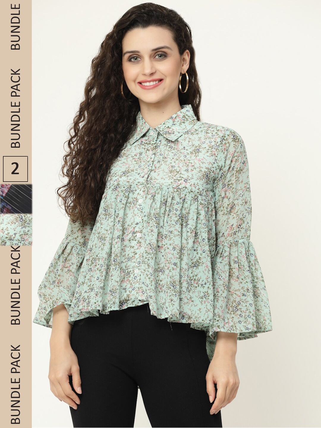 

MISS AYSE Pack Of 2 Floral Print Georgette Kaftan Top, Green
