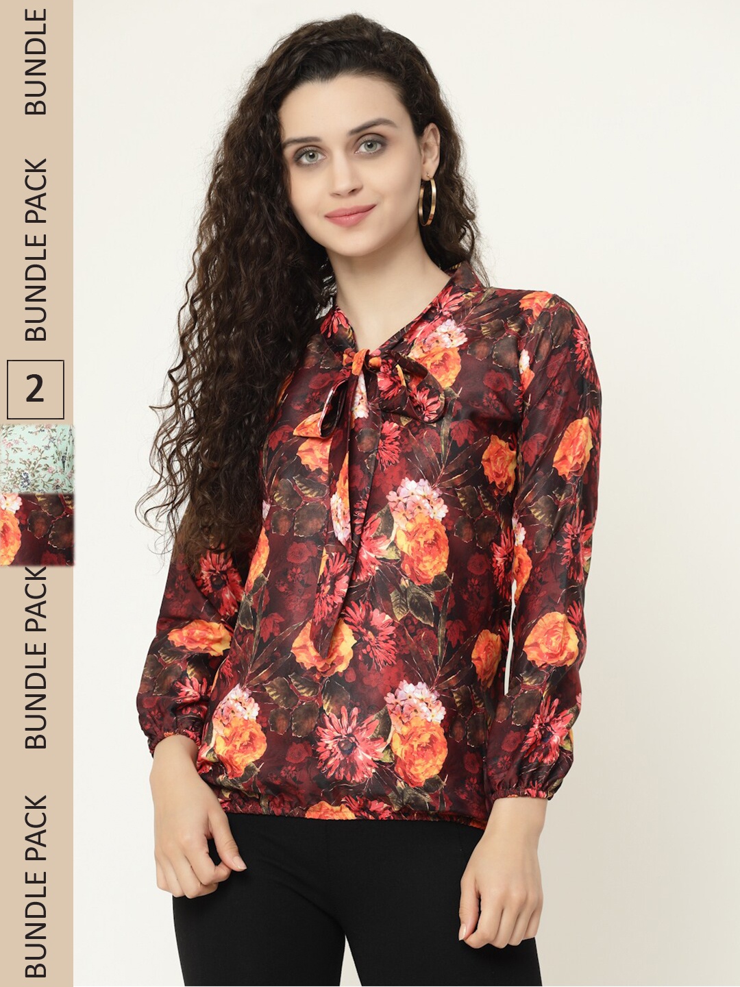 

MISS AYSE Pack Of 2 Floral Print Tie-Up Neck Georgette Blouson Top, Black