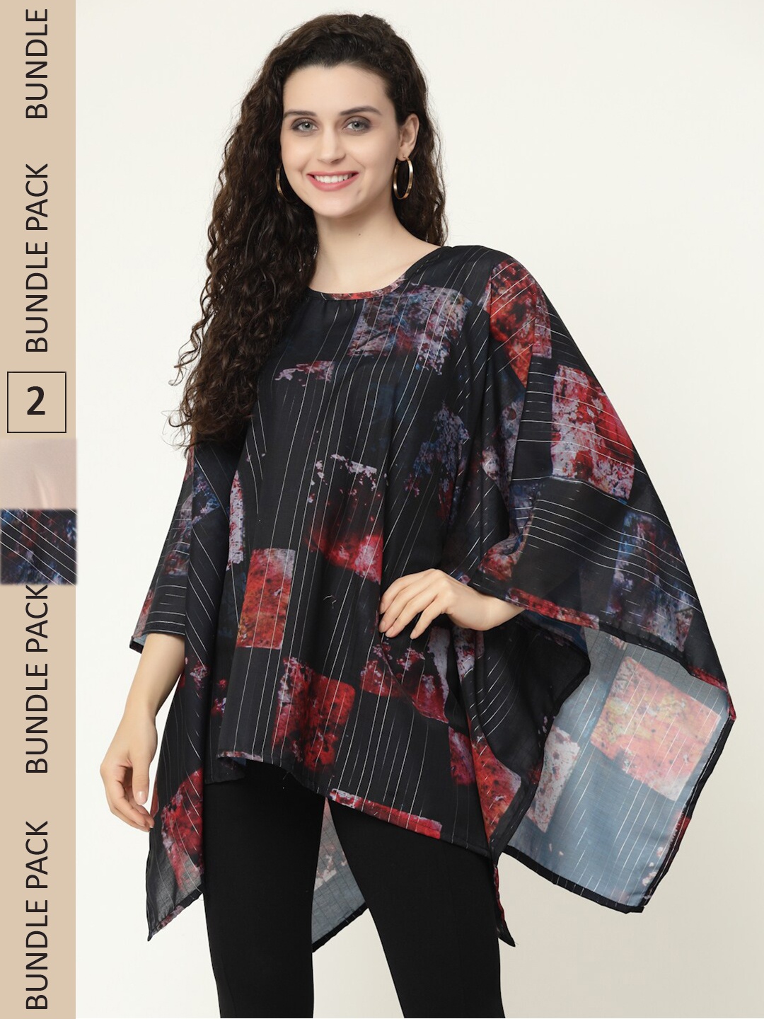 

MISS AYSE Pack of 2 Floral Print Georgette Kaftan Longline Top, Black