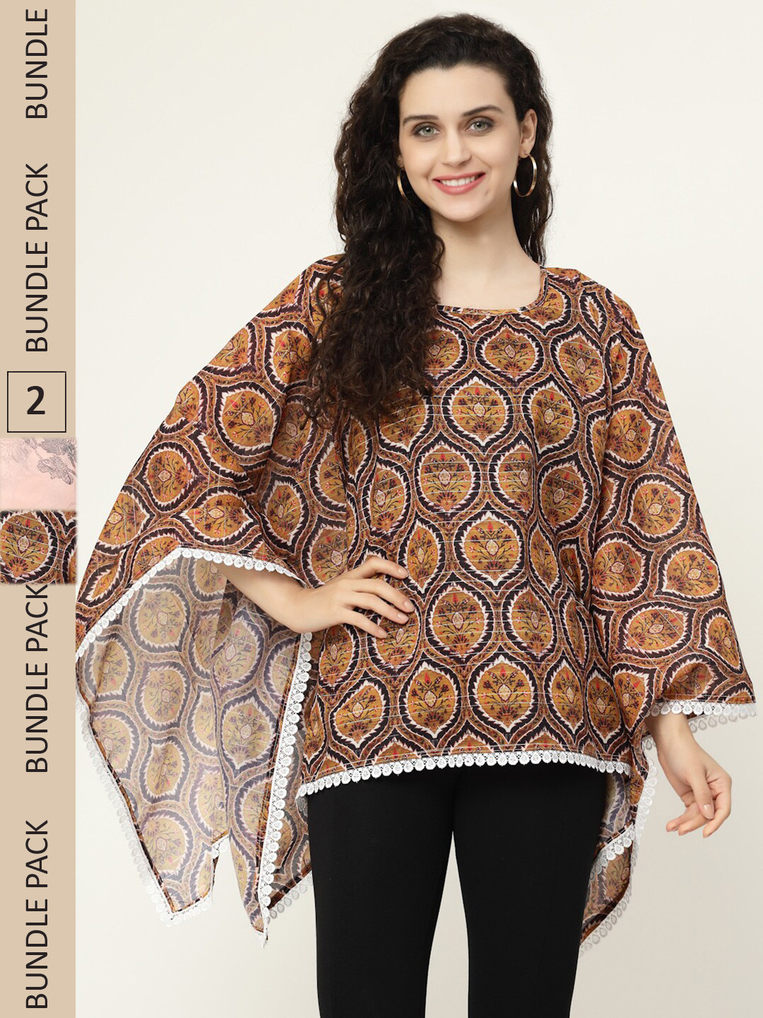 

MISS AYSE Pack Of 2 Print Georgette Kaftan Top, Beige