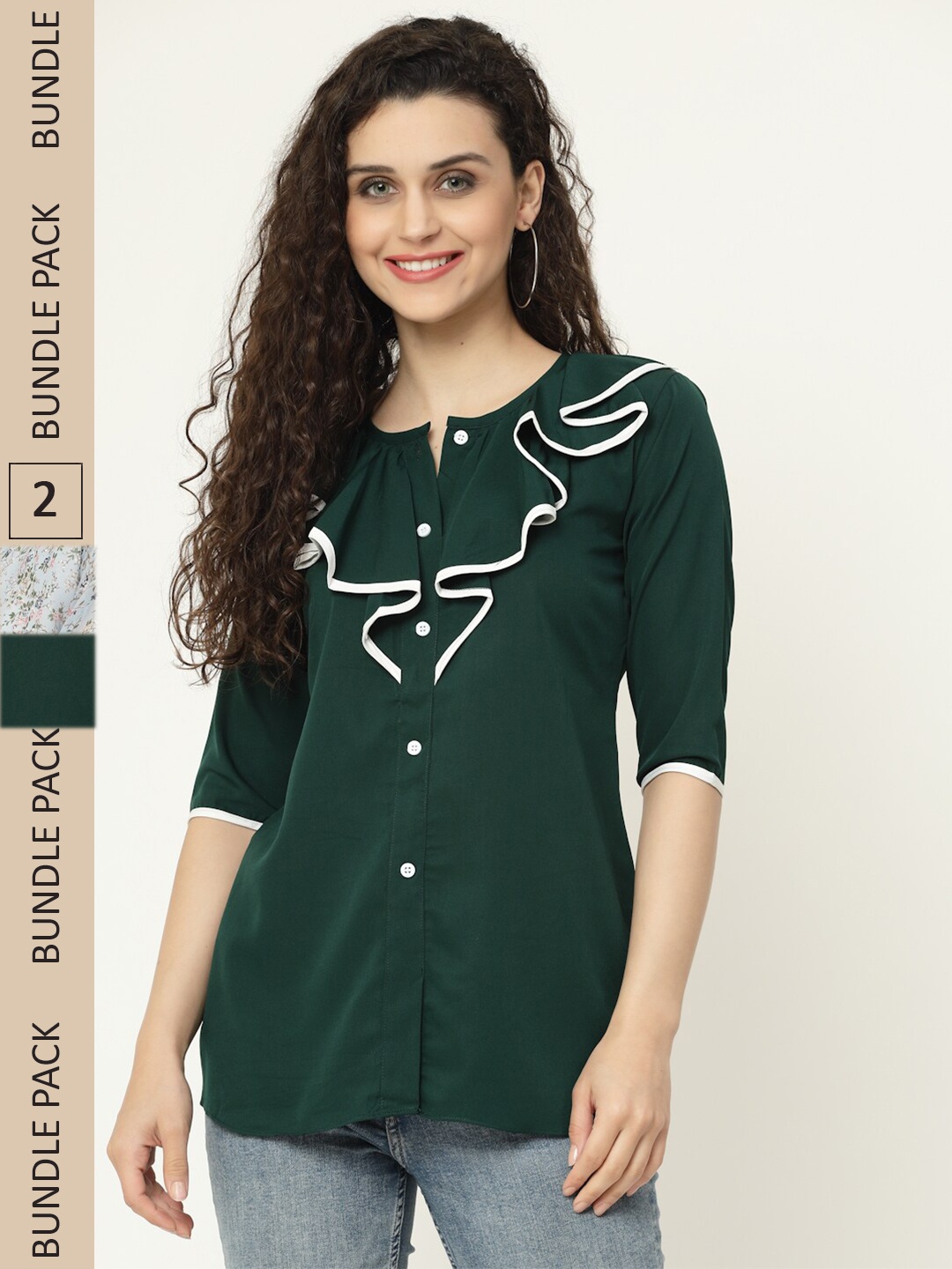 

MISS AYSE Pack of 2 Floral Print Georgette Shirt Style Top, Green