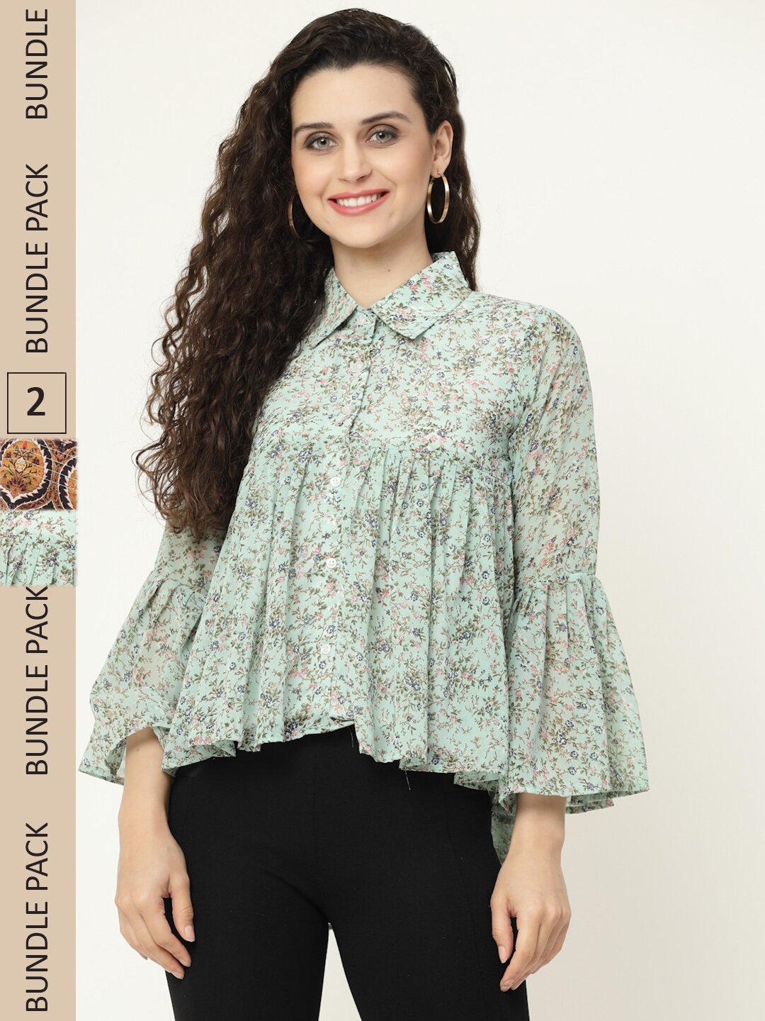 

MISS AYSE Pack of 2 Floral Print Georgette Shirt Style Top, Green