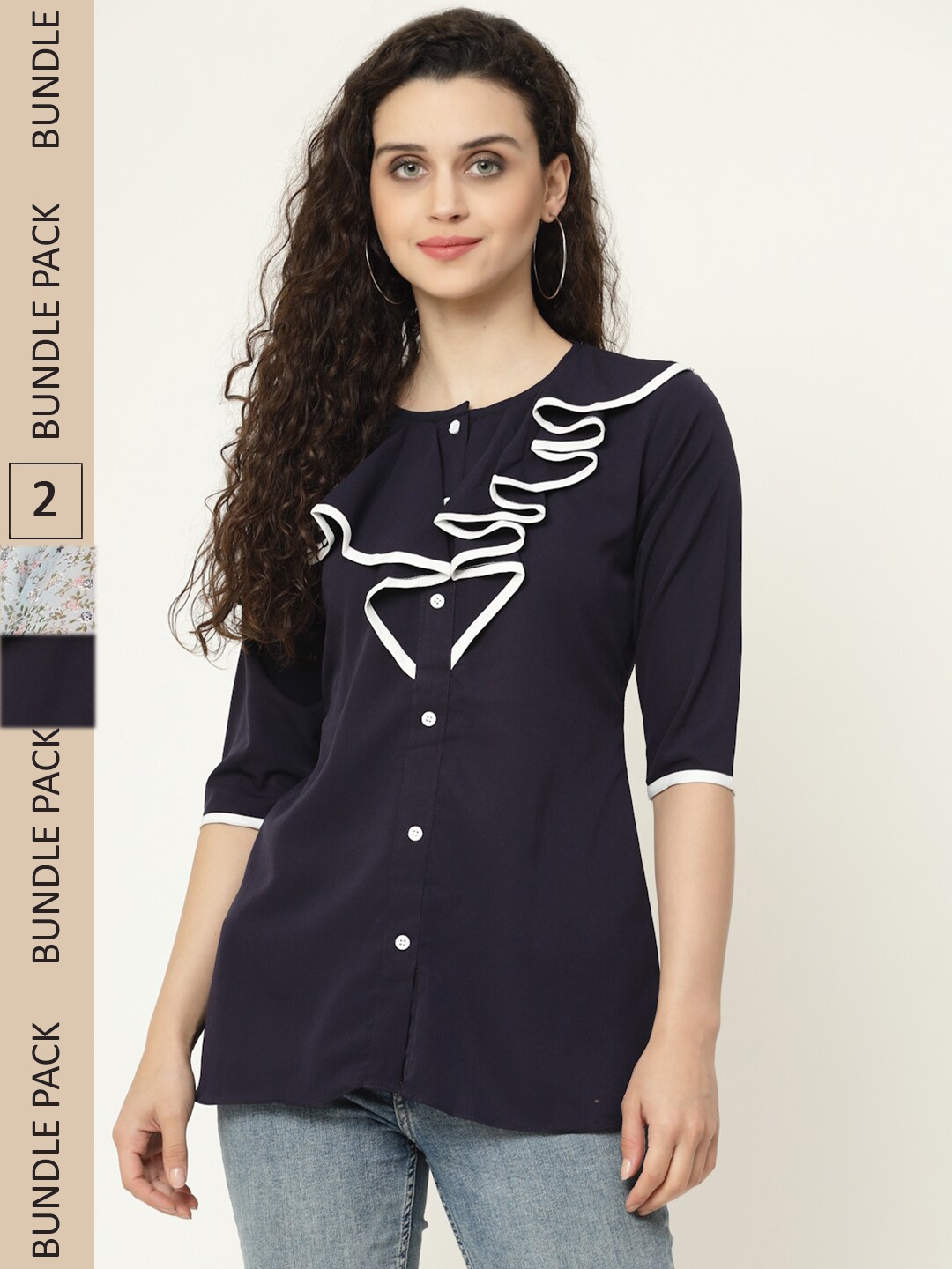 

MISS AYSE Pack of 2 Floral Print Georgette Shirt Style Top, Blue