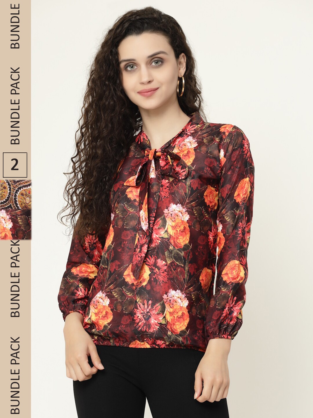 

MISS AYSE Pack of 2 Floral Print Tie-Up Neck Top, Blue