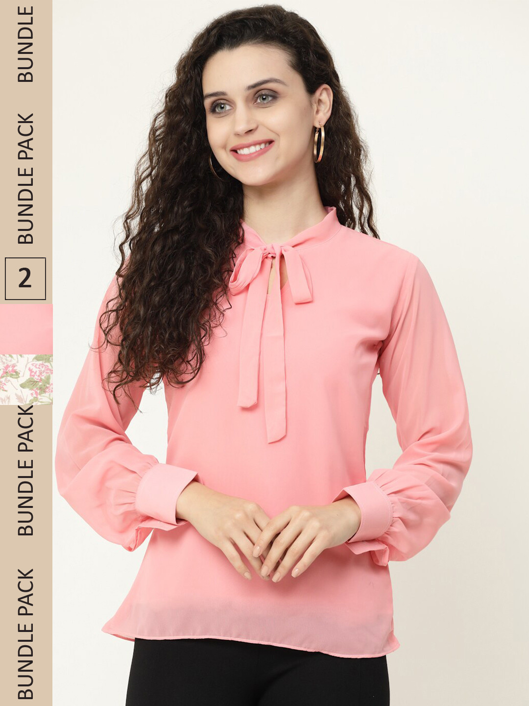 

MISS AYSE Pack of 2 Tie-Up Neck Georgette Top, Pink
