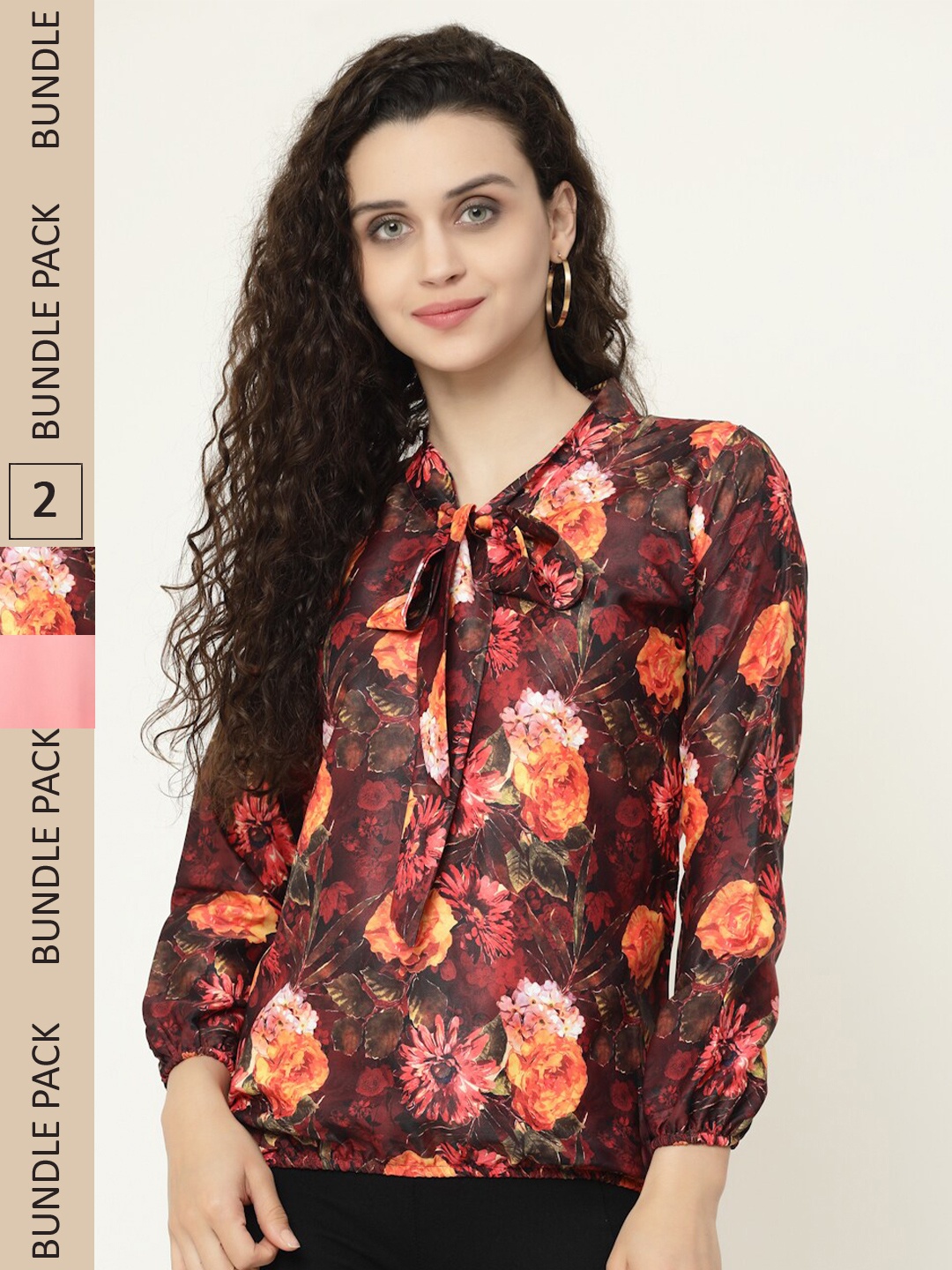 

MISS AYSE Pack of 2 Floral Print Tie-Up Neck Georgette Top, Blue