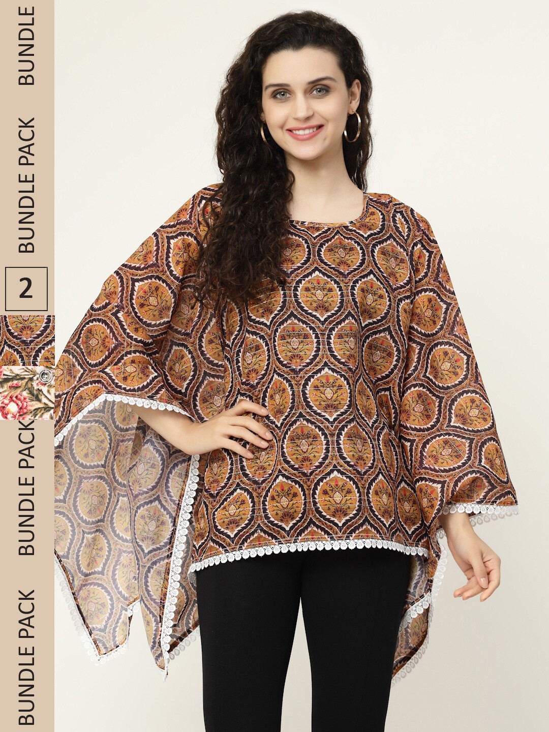 

MISS AYSE Pack of 2 Ethnic Print Kaftan Top, Mustard