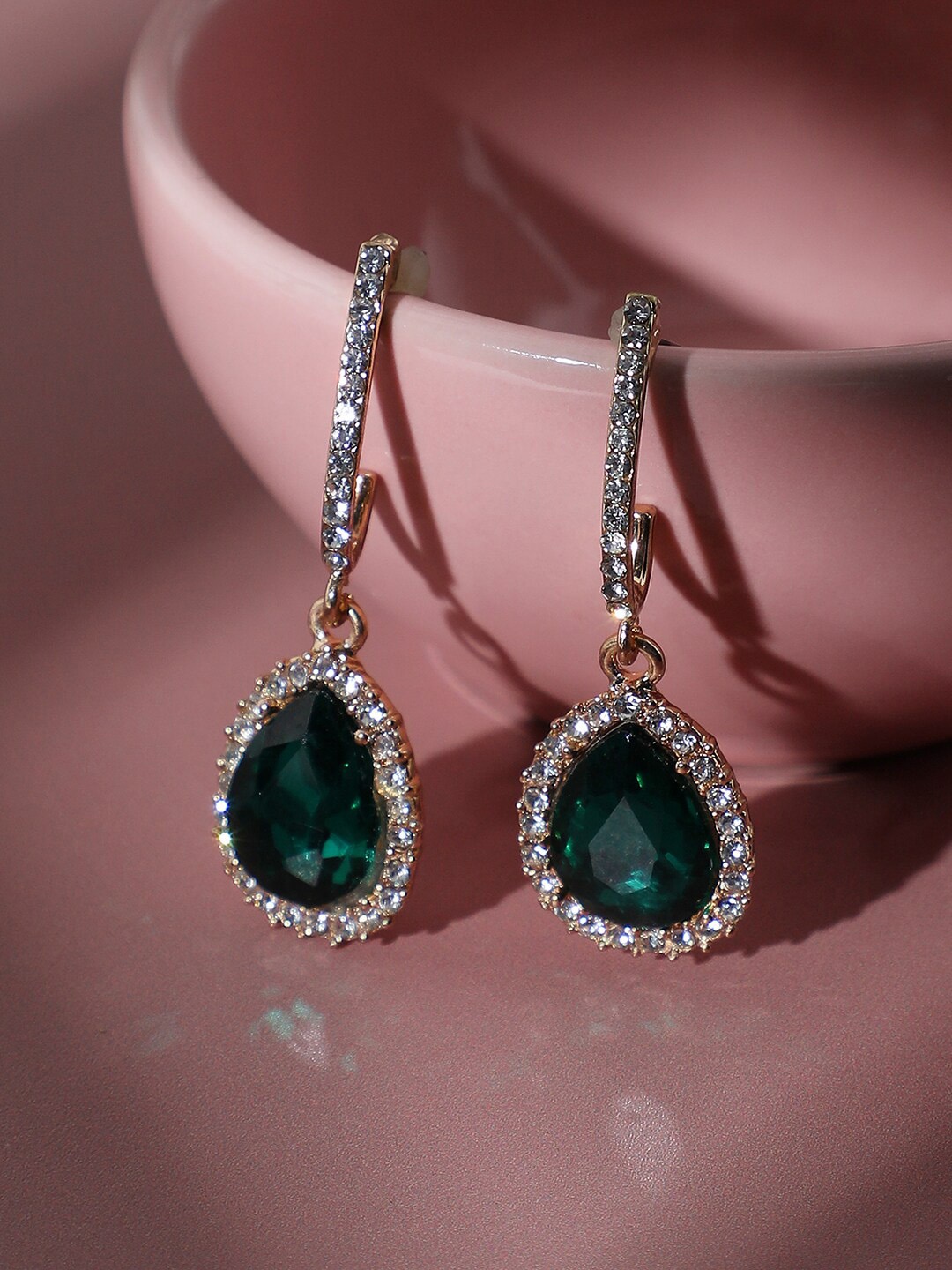 

SOHI Green & White Gold-Plated Contemporary Drop Earrings