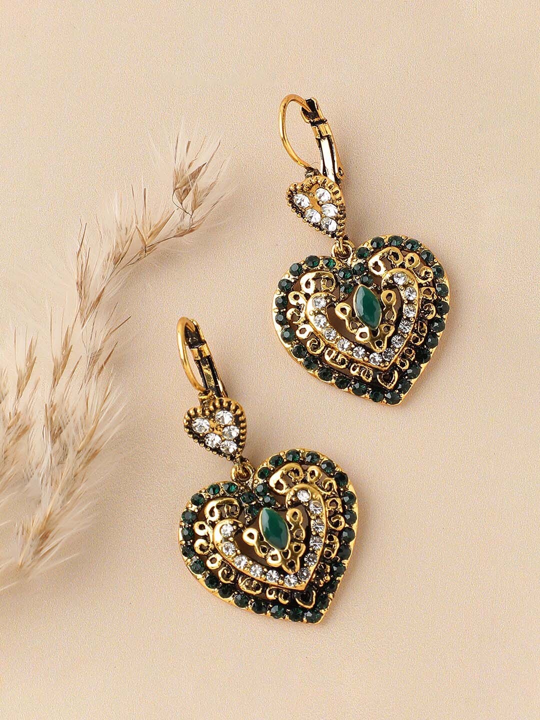 

SOHI Women Gold-Plated Heart Shaped Drop Earrings, Green