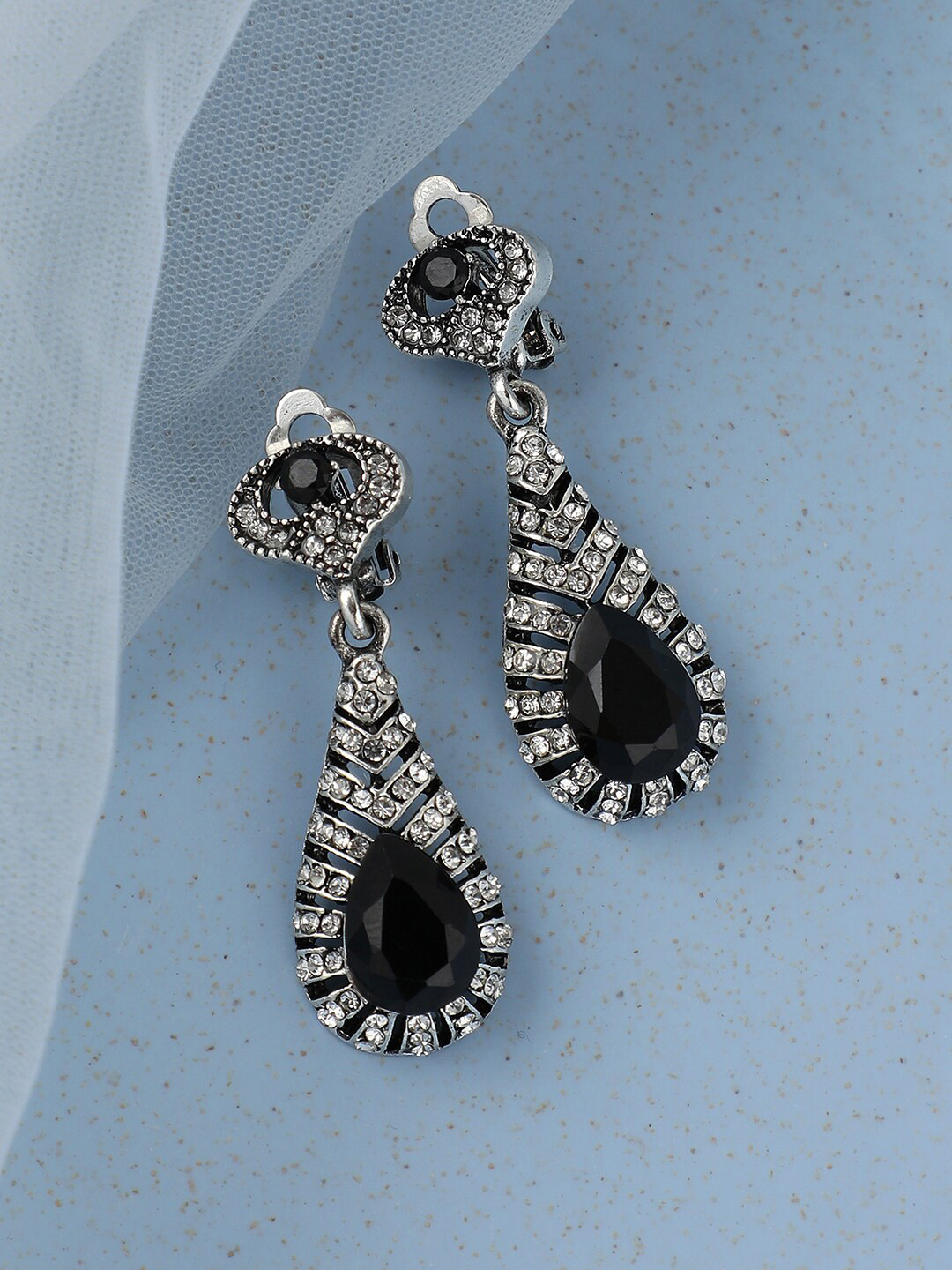 

SOHI Women Silver Plated Black & White Teardrop Shaped Drop Earrings