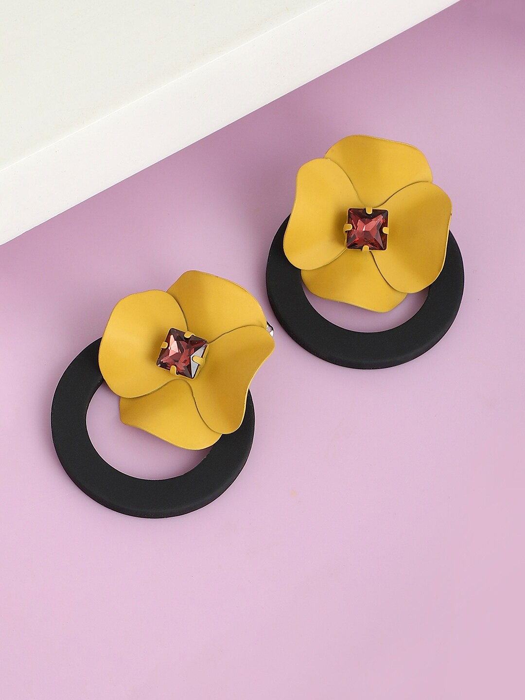 

SOHI Women Gold Plated Yellow & Black Floral Drop Earrings