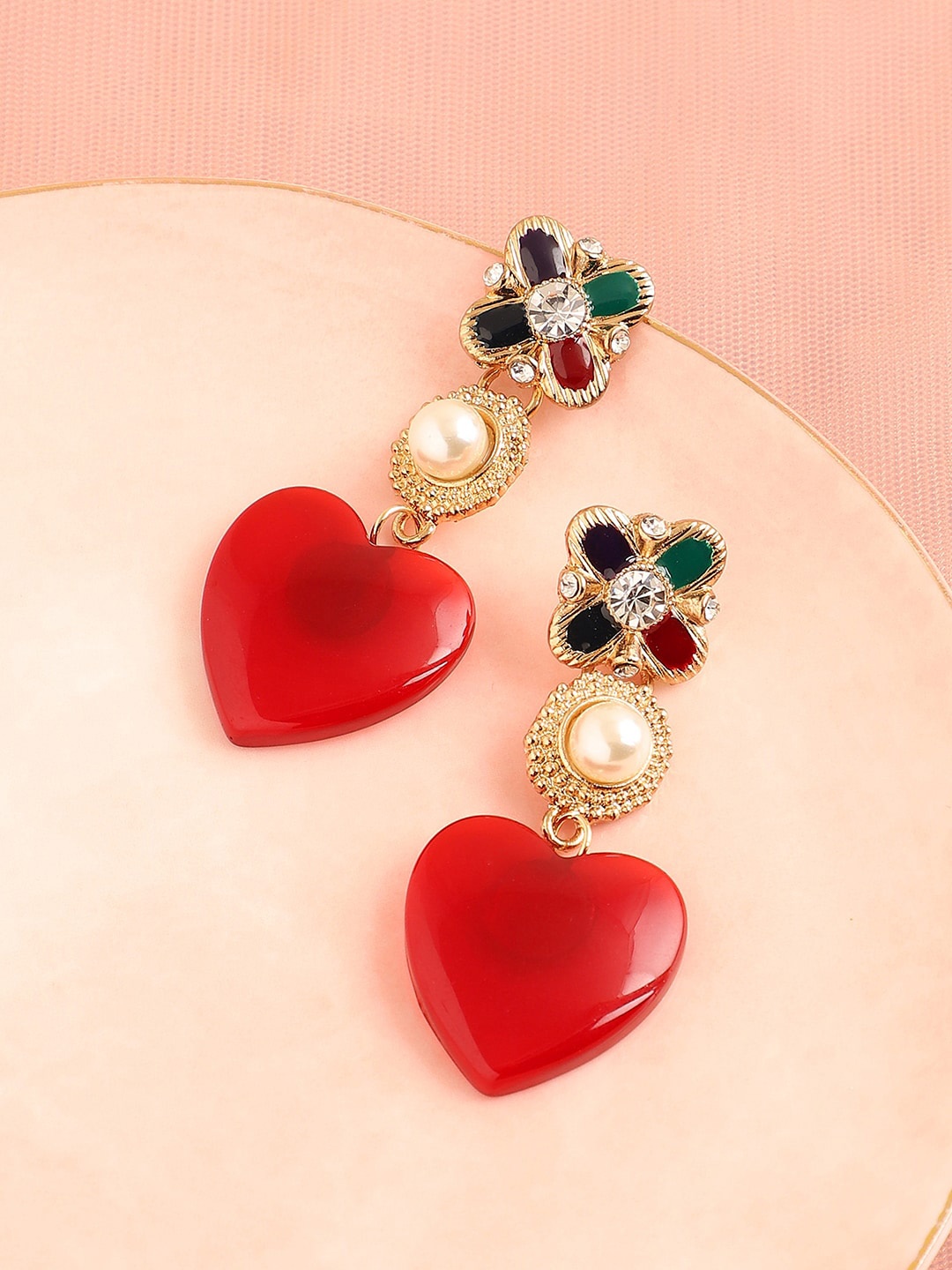 

SOHI Red & Gold-Plated Heart Shaped Drop Earrings
