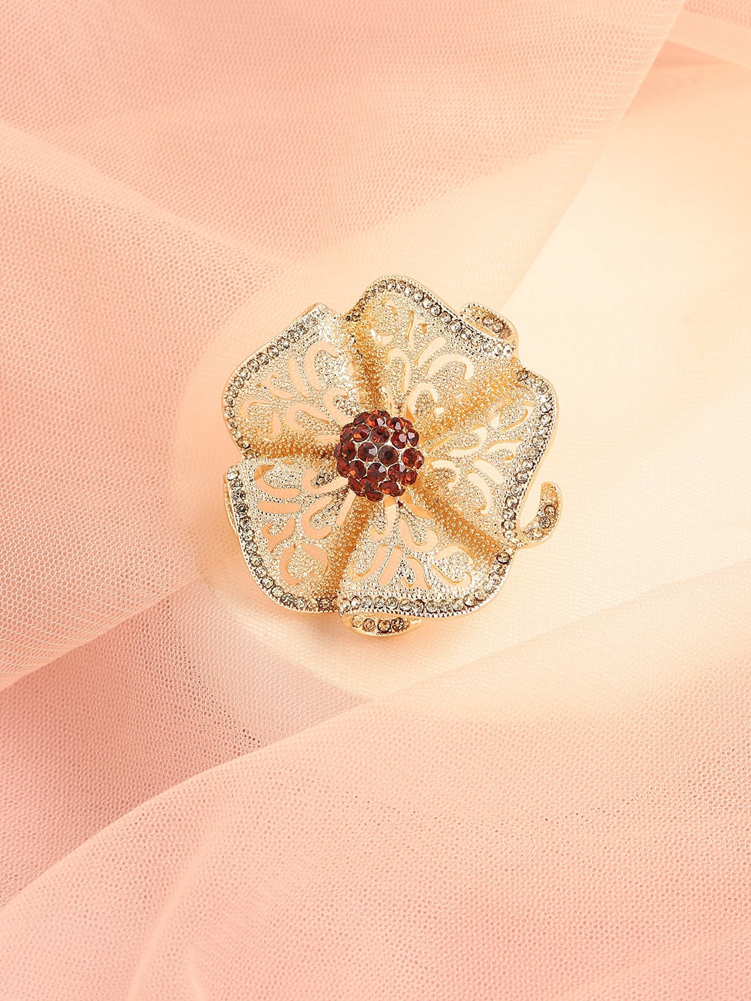 

SOHI Party Designer White & Red Gold-Plated Stone-Studded Floral Finger Ring