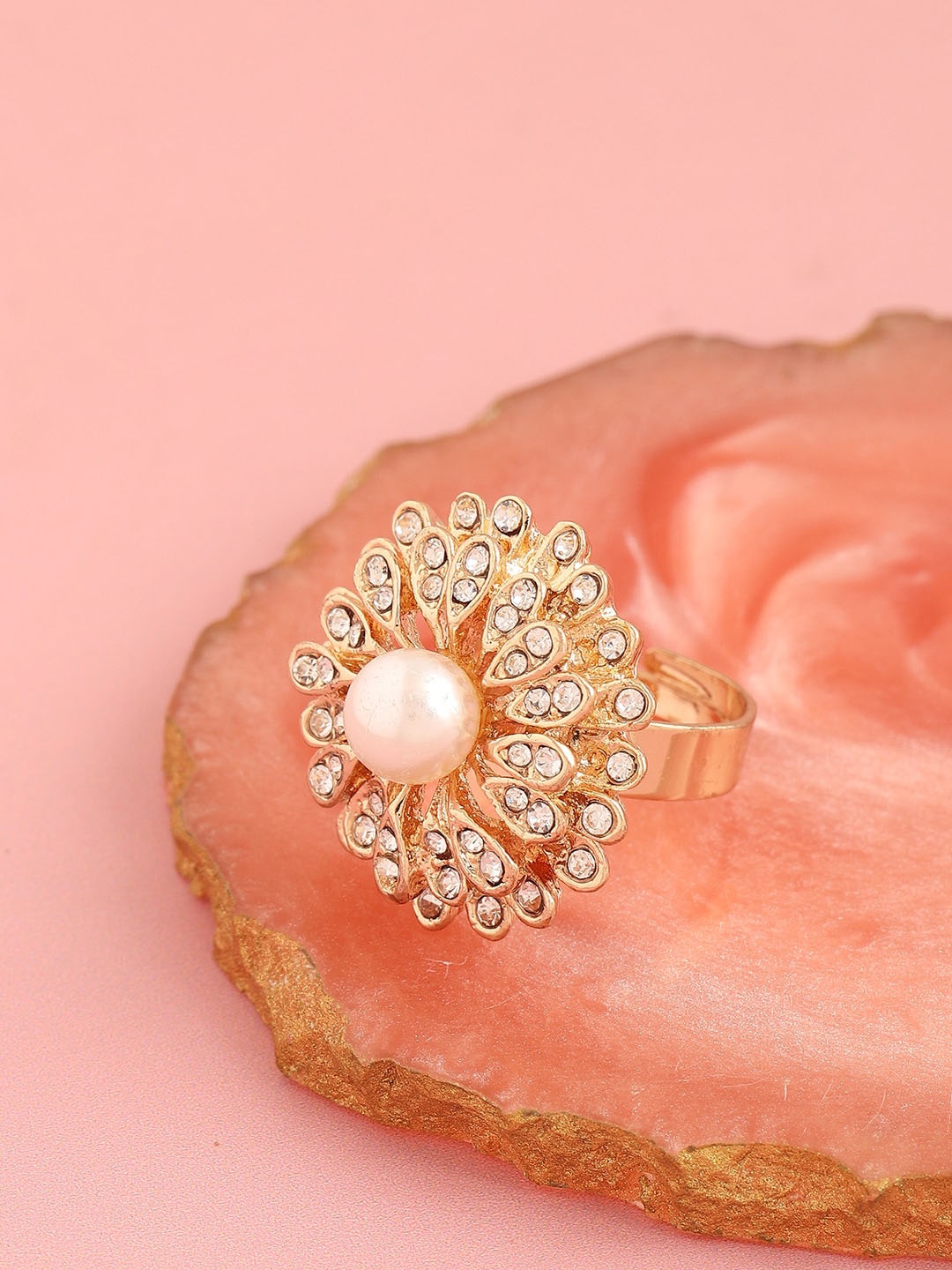 

SOHI White & Gold-Plated Stone Studded Adjustable Finger Ring