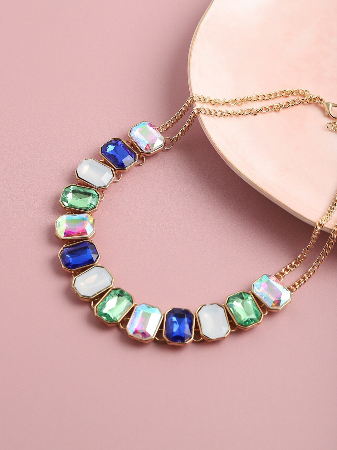 

SOHI Gold-Plated Green Designer Stone Statement Necklace