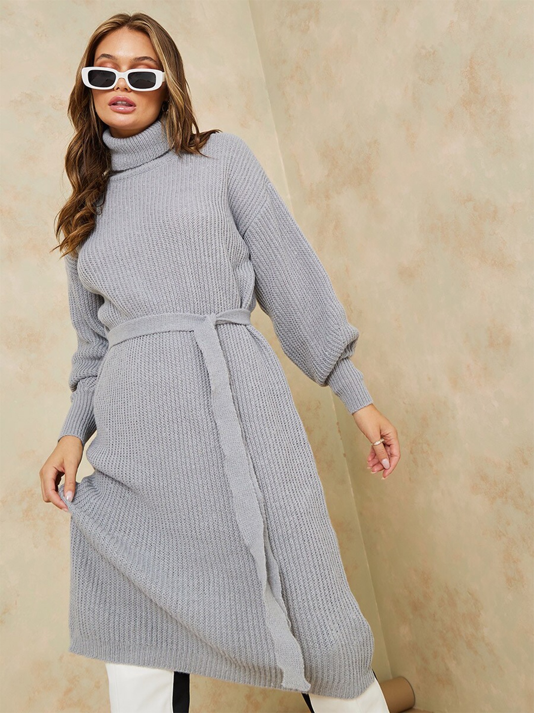 

Styli Grey Tie Up High Neck A-Line Dress