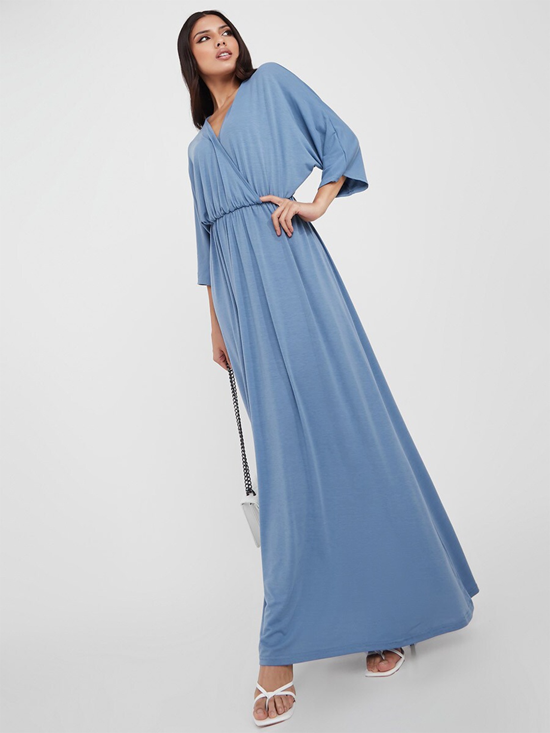 

Styli Blue Wrap V-Neck Maxi Dress