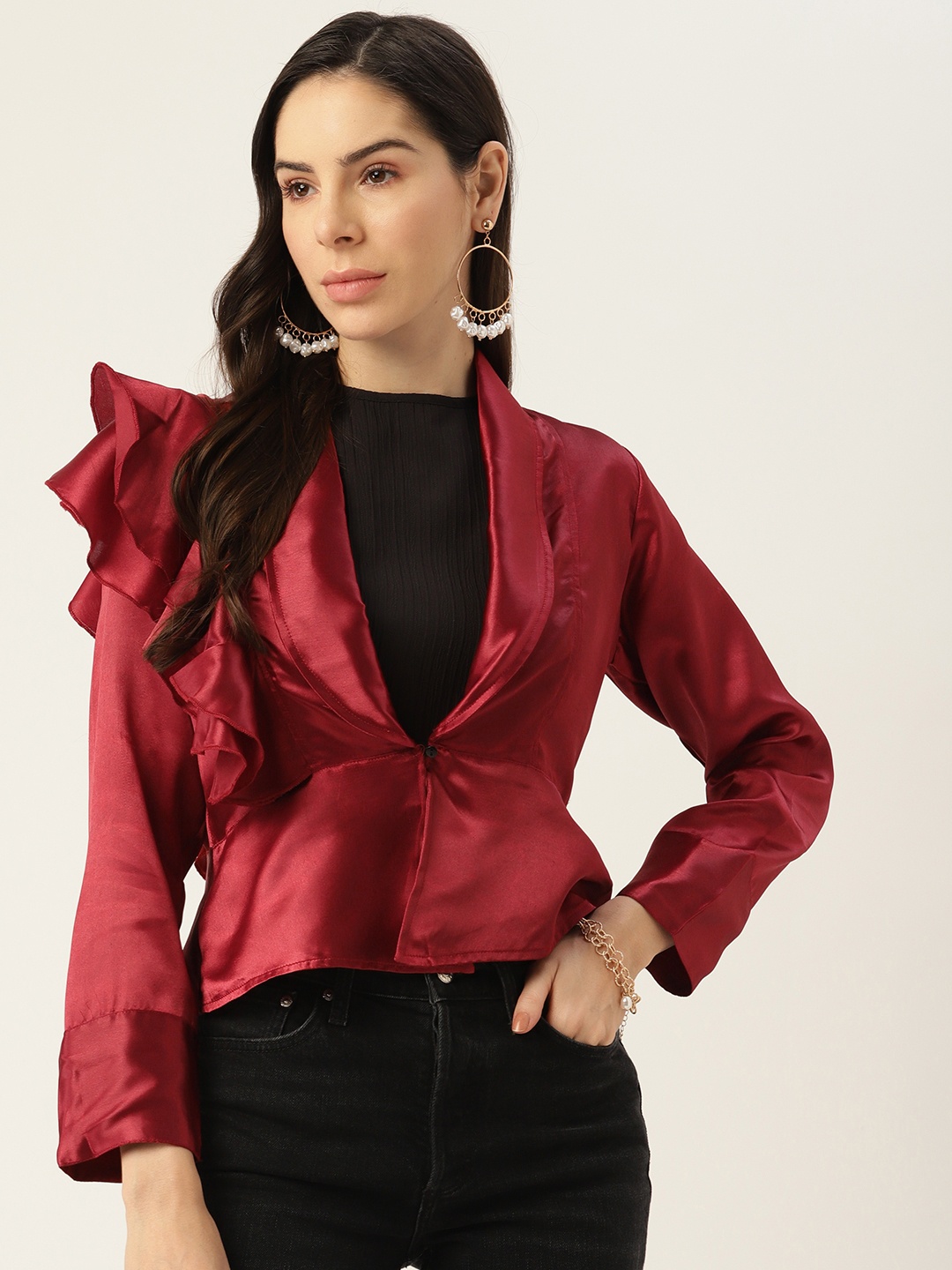 

Antheaa Lapel Collar Tailored Jacket With Ruffle Detail, Maroon