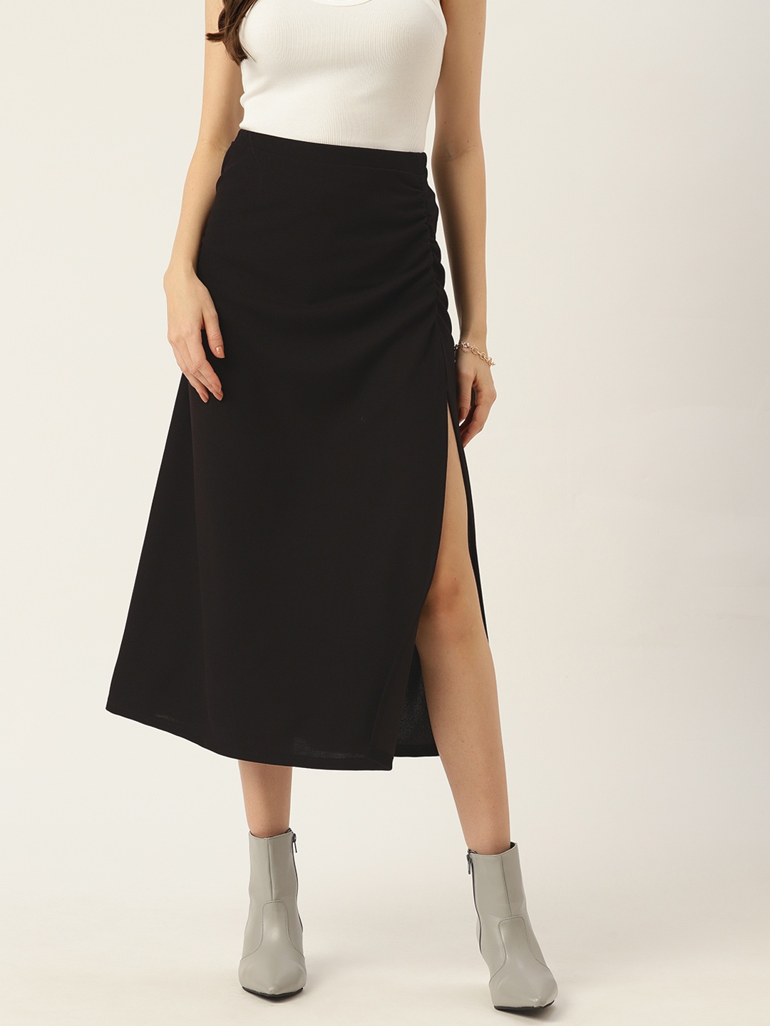 

Antheaa A-Line Ruched Side Slit Midi Skirt, Black