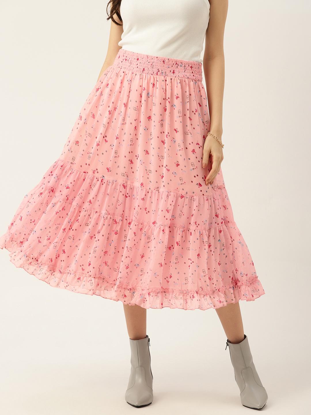 

Antheaa Floral Tiered Skirt, Pink