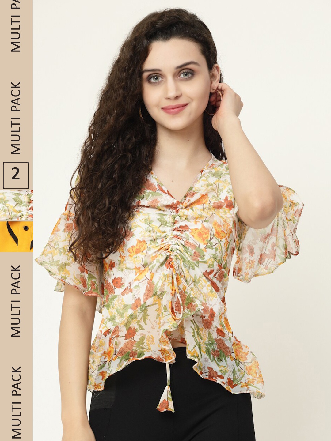 

MISS AYSE Pack of 2 Floral Print Georgette Tops, Yellow