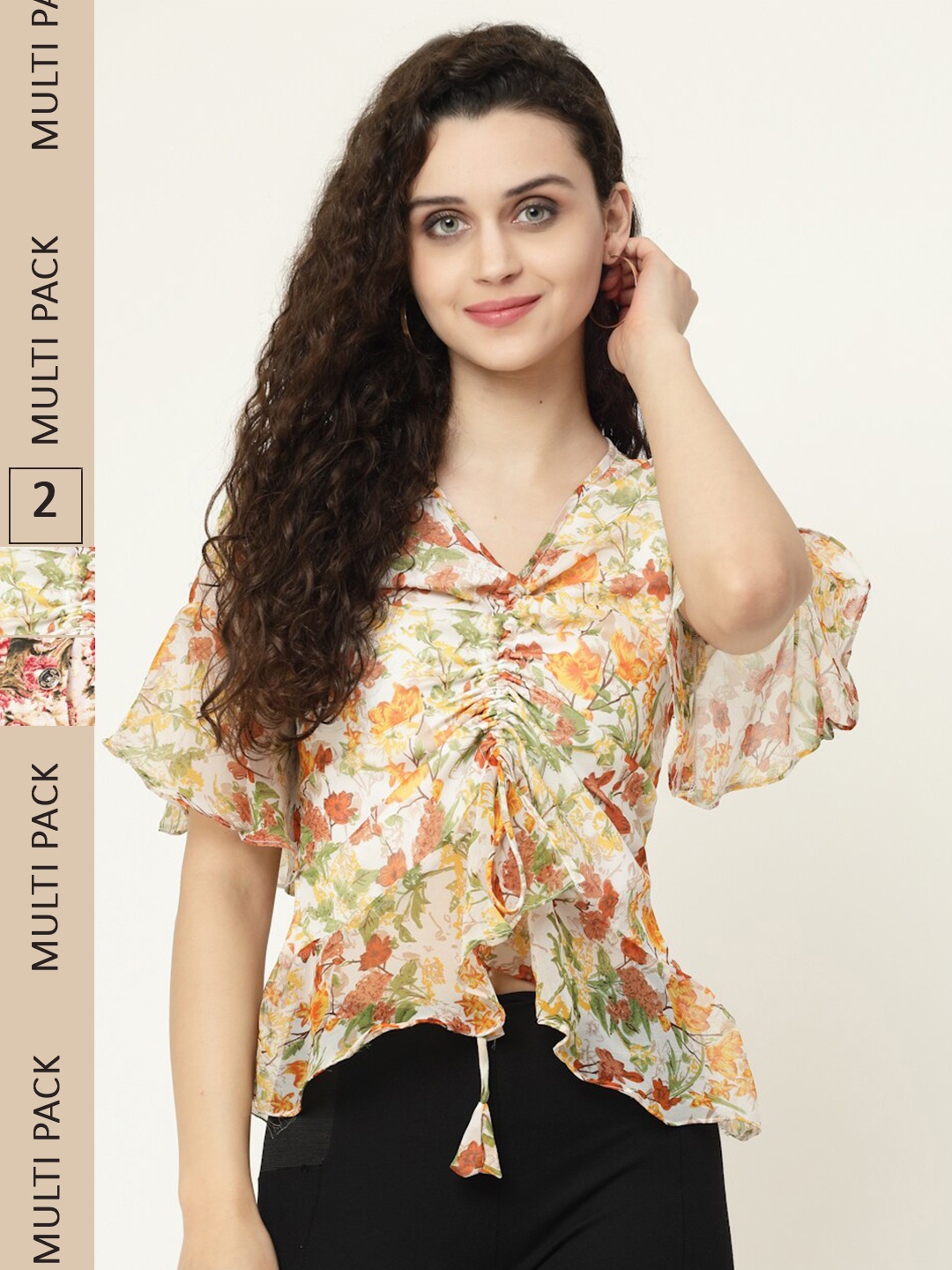 

MISS AYSE Pack of 2 Floral Print Georgette Tops, Off white