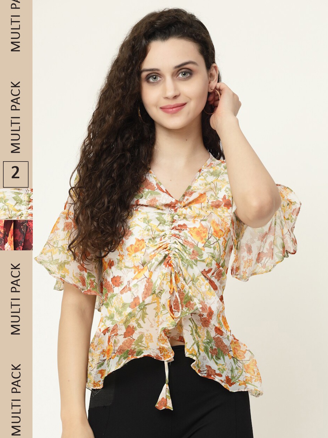 

MISS AYSE Pack of 2 Floral Print Georgette Tops, Off white