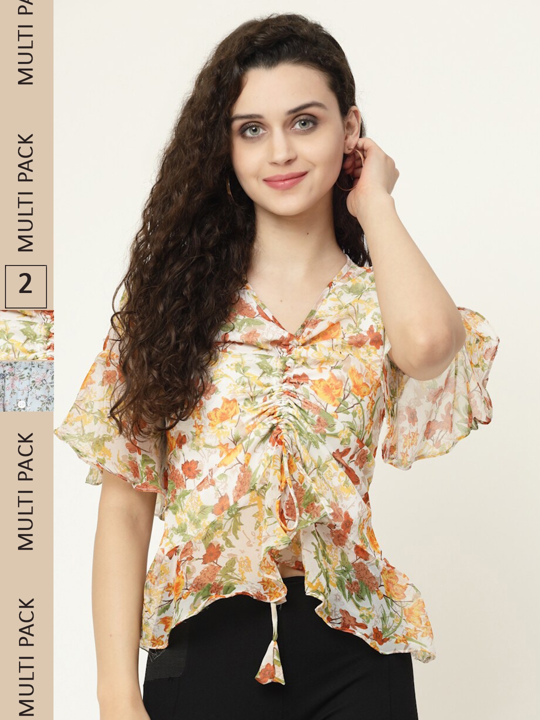 

MISS AYSE Pack Of 2 Floral Print Georgette Shirt Style Top, White