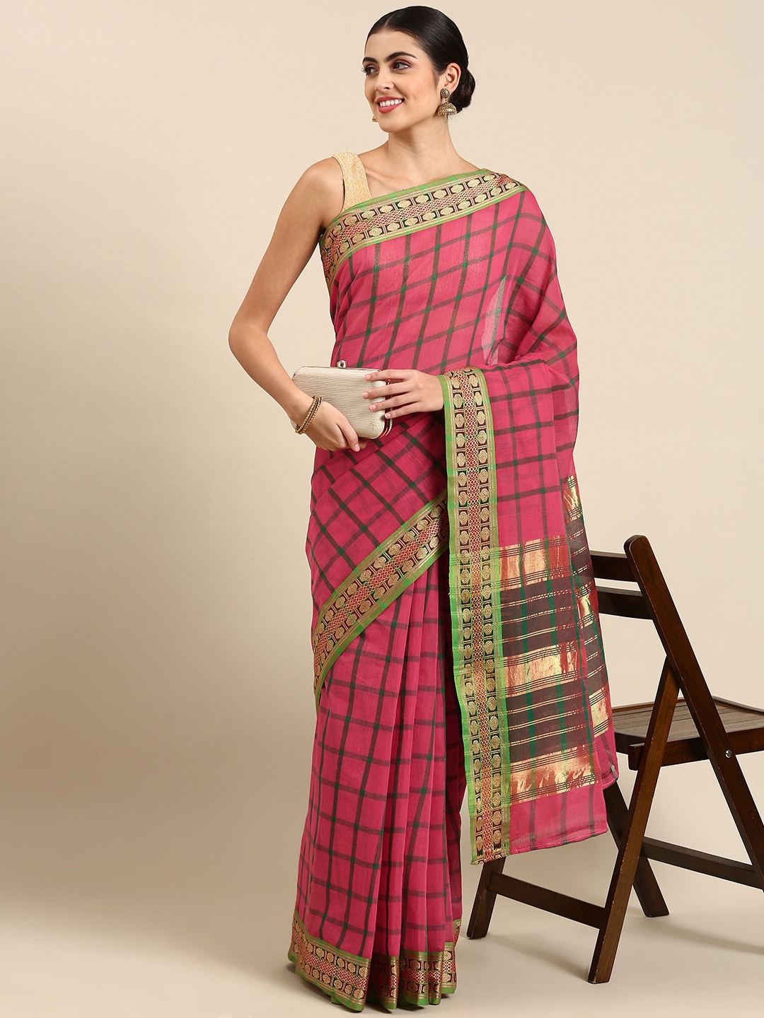 

KALINI Checked Pure Cotton Narayan Peth Saree, Peach