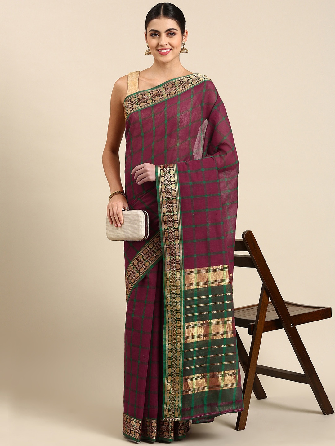 

KALINI Checked Pure Cotton Narayan Peth Saree, Maroon