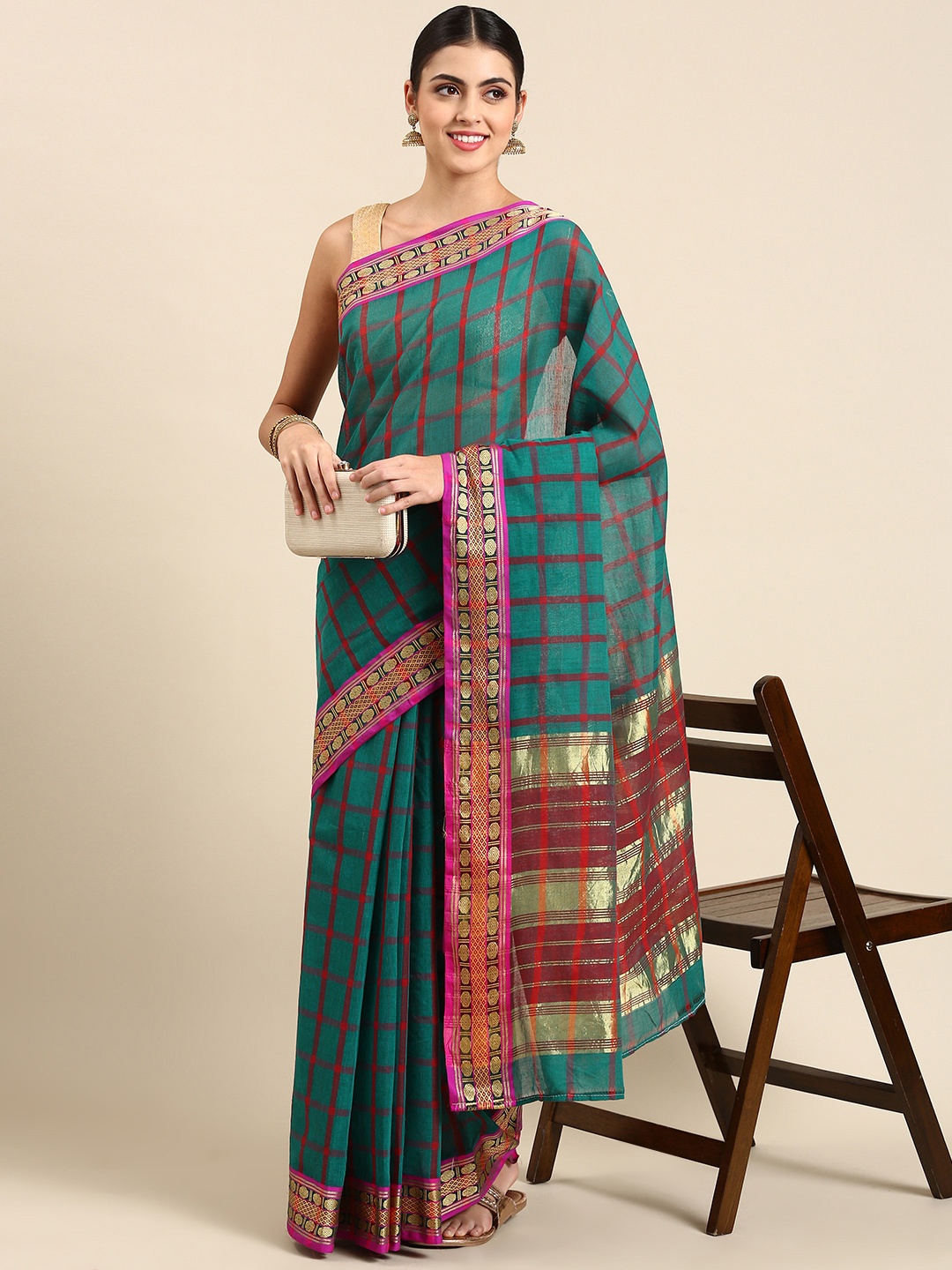 

KALINI Checked Pure Cotton Narayan Peth Saree, Teal