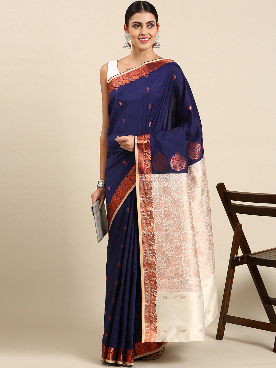 

KALINI Woven Design Ethnic Motifs Banarasi Saree, Navy blue
