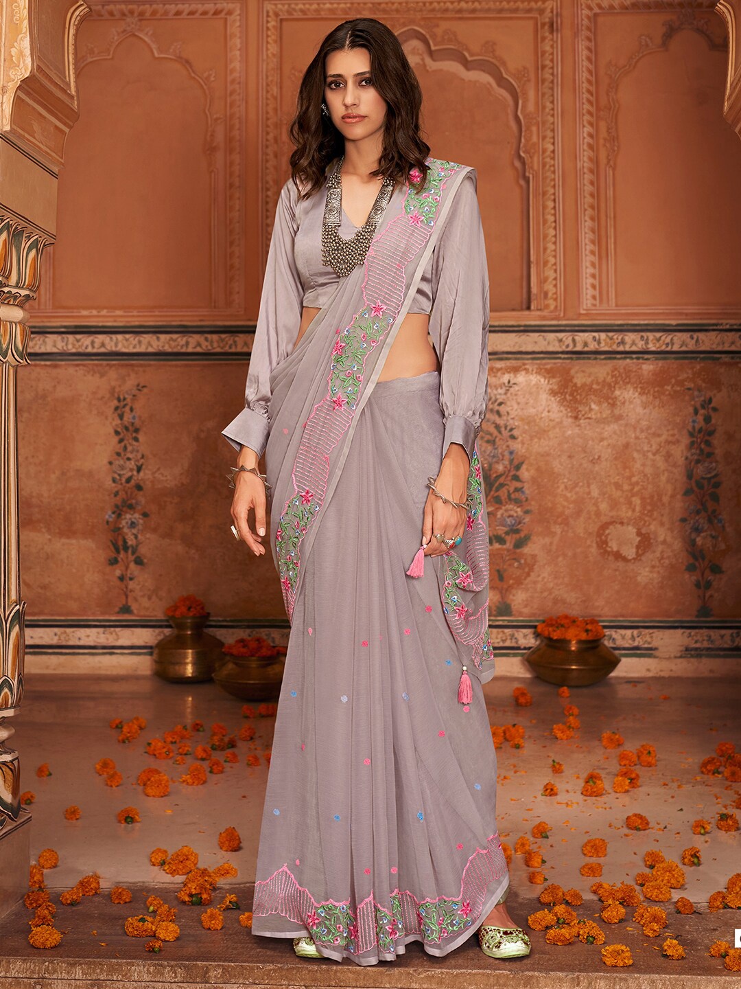 

Shaily Grey & Pink Floral Embroidered Pure Chiffon Saree