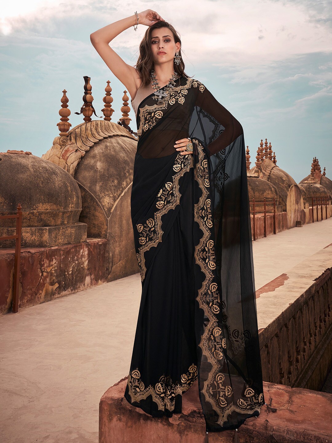 

Shaily Black & Gold-Toned Embroidered Pure Chiffon Saree