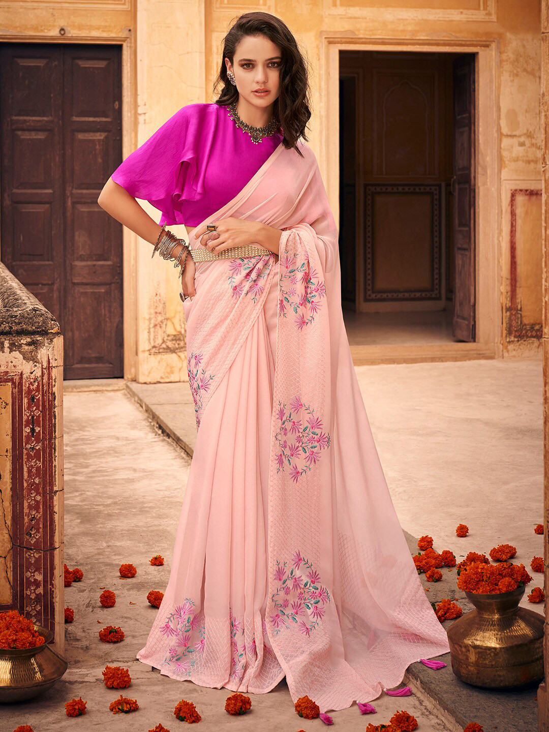 

Shaily Pink Floral Embroidered Pure Chiffon Saree