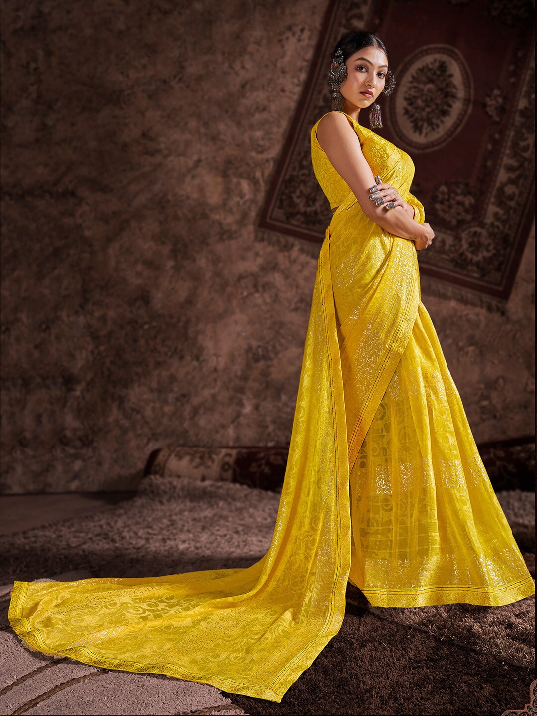 

Shaily Yellow & Gold-Toned Floral Zari Pure Chiffon Saree