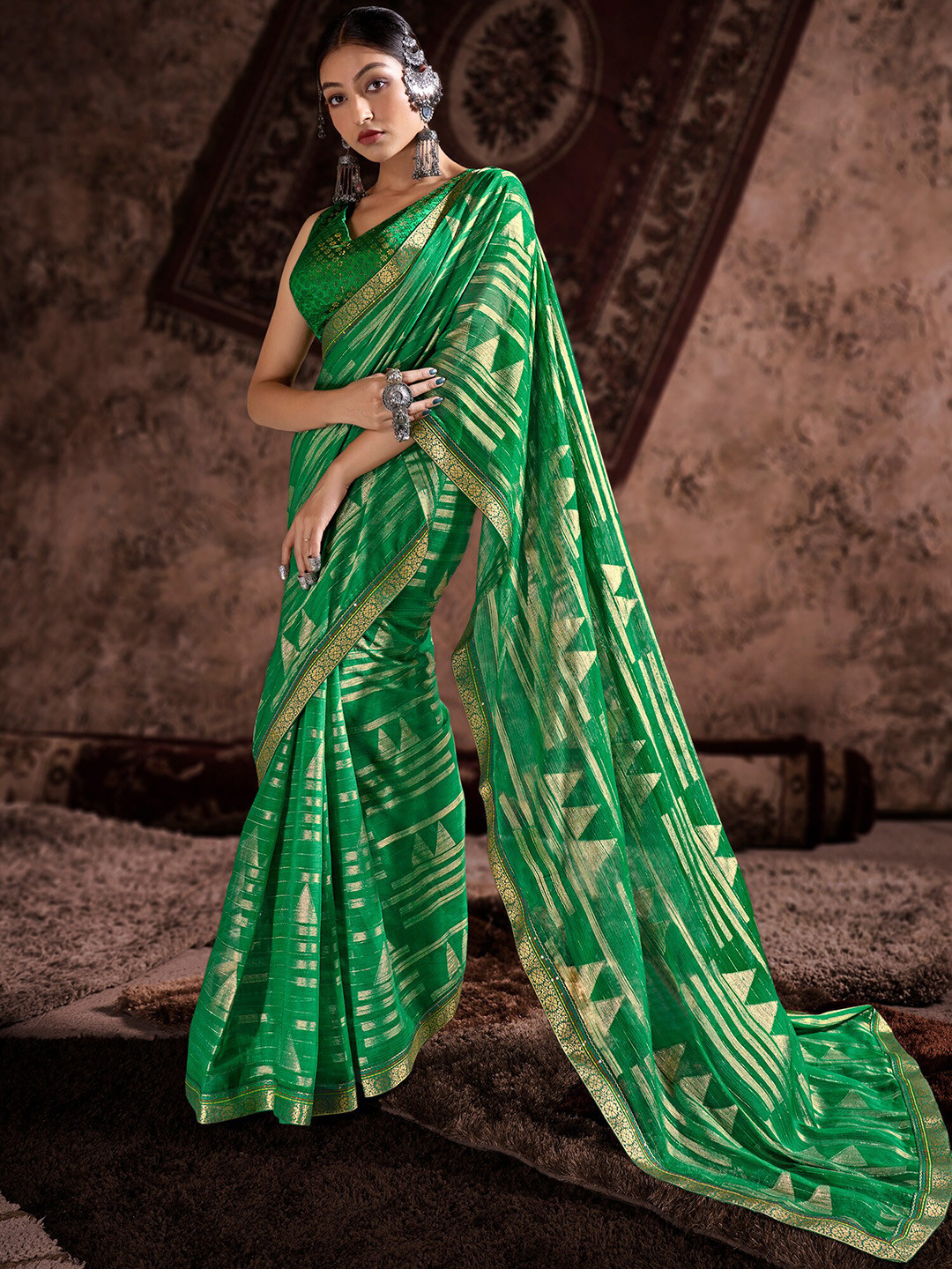 

Shaily Green & Gold-Toned Zari Pure Chiffon Saree