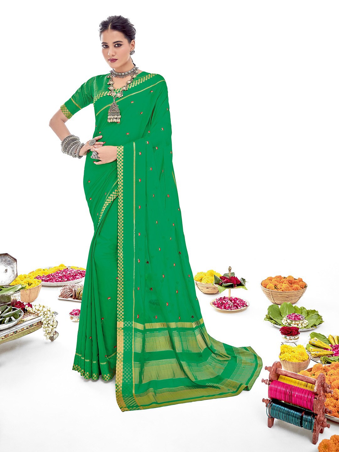 

Shaily Green & Gold-Toned Floral Zari Silk Cotton Saree