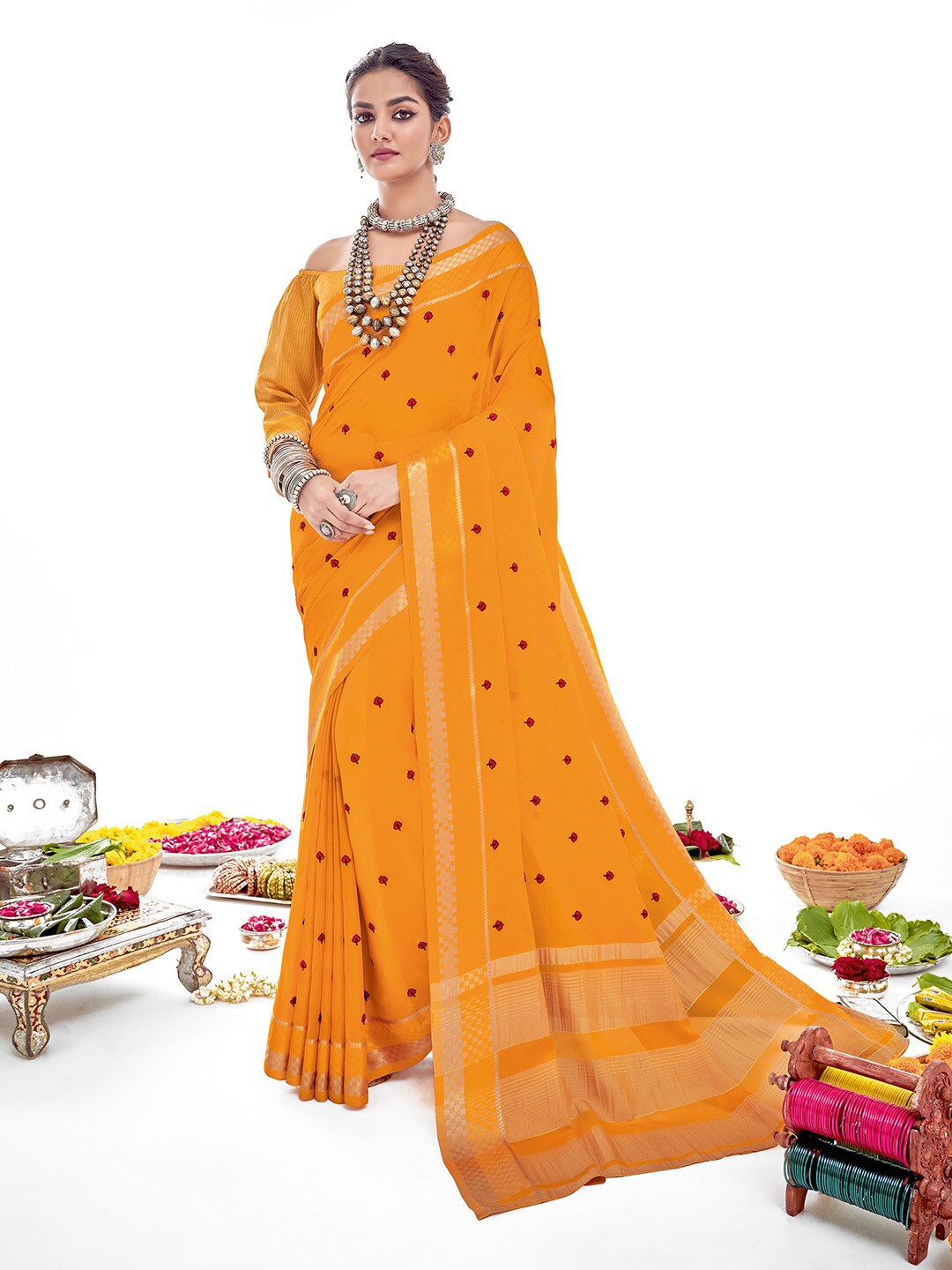 

Shaily Mustard & Red Floral Zari Silk Cotton Saree