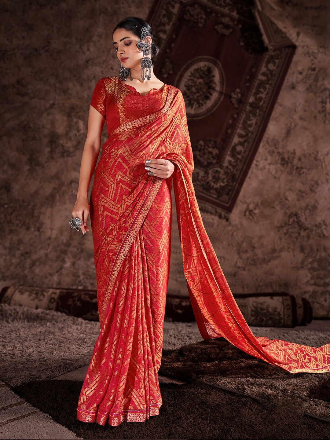 

Shaily Red & Gold-Toned Woven Design Zari Pure Chiffon Saree