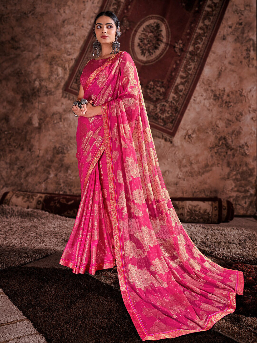 

Shaily Pink & Gold-Toned Woven Design Zari Pure Chiffon Saree